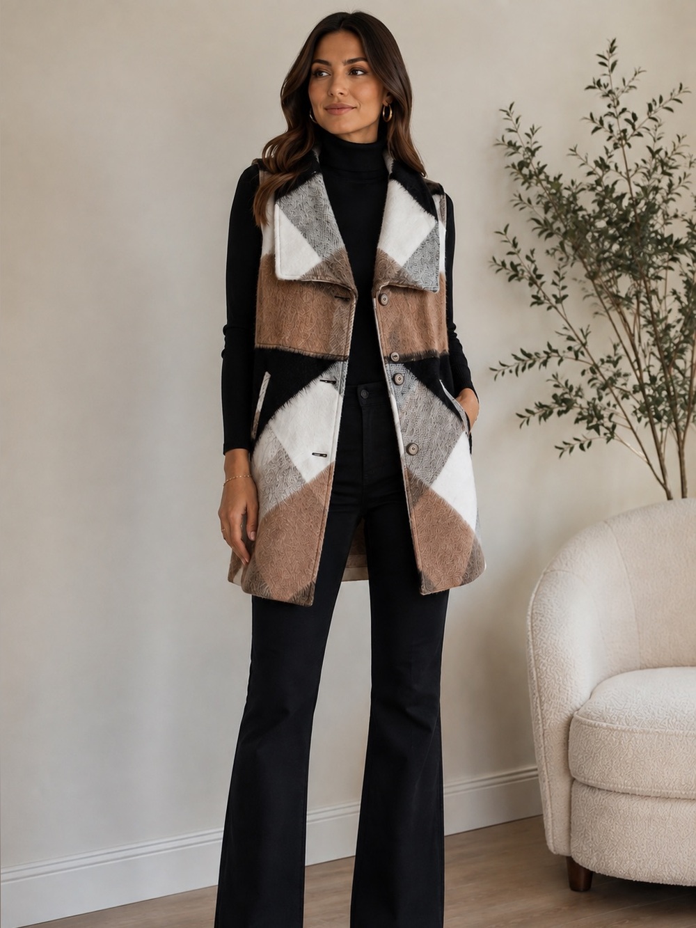 Anthropologie elevenses Black Fuzzy Tunic with Brown Bird-Print Lining